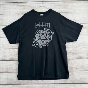 Vintage Y2K HIM Heartagram Logo T-Shirt Mens XL Black Rock Concert Merch